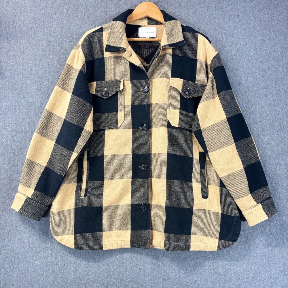 Lucky Brand Oversized Buffalo Plaid Shacket Flannel Shirt Jacket Tan Black SZ M